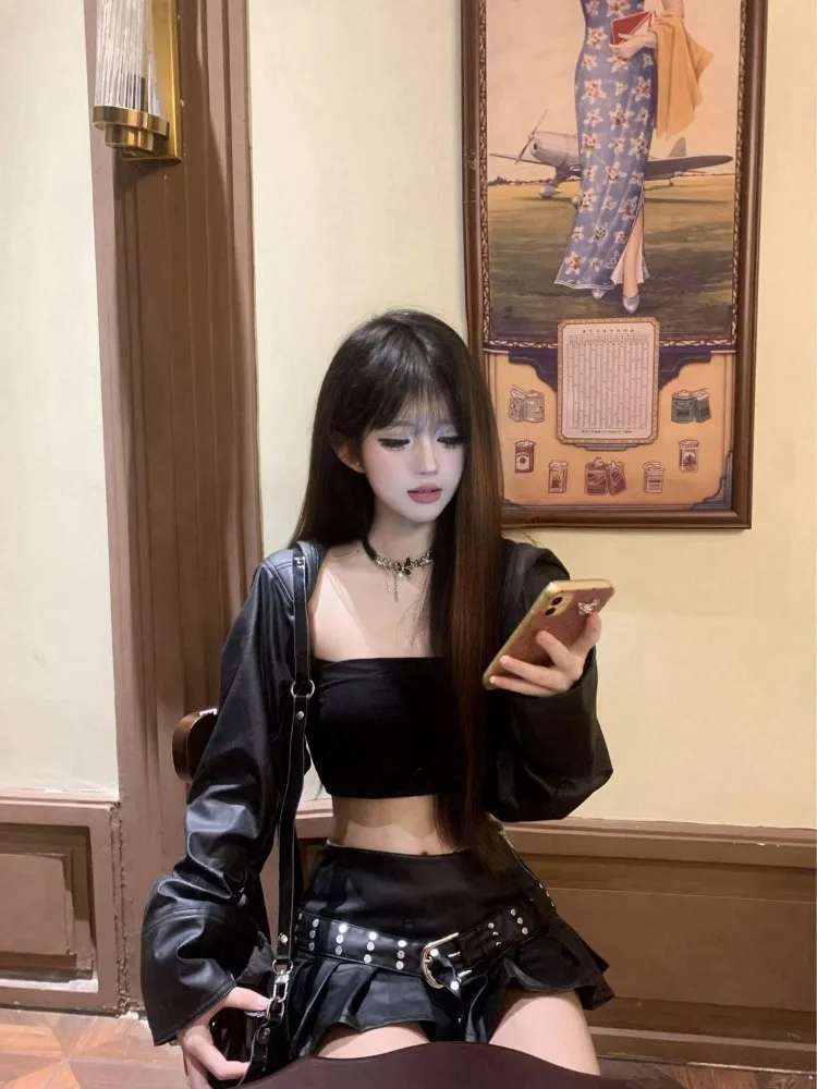 Sweet Cool Black Locomotive Leather Jackets+sexy Slim Fit Strapless Vest+ High Waist Ruched Skirts Early Autumn Three Piece Sets