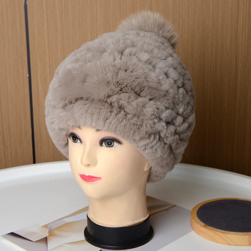 

Ladies Rex Rabbit Fur Hat Winter Warm Fox Fur Ball Ear Guards Double Wool Dome Casual Hat Free Shipping