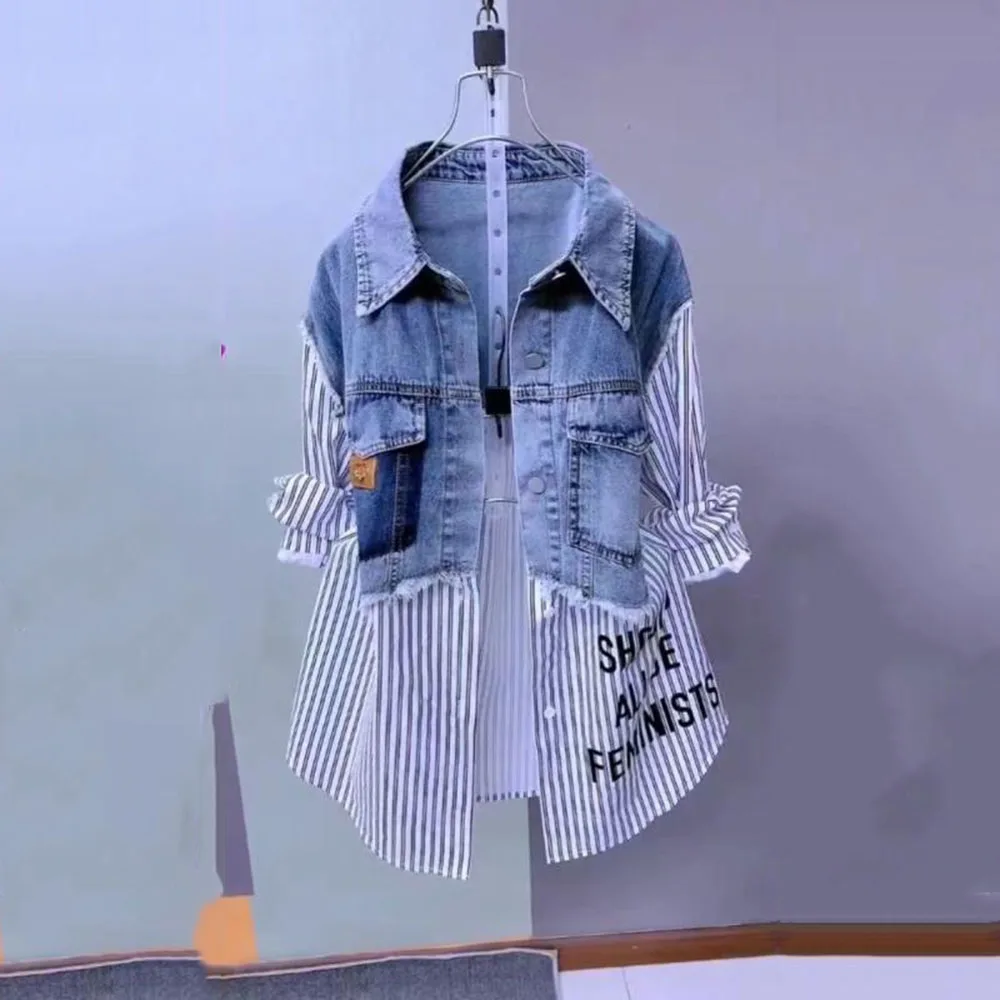 Striped Denim Jacket Women\'s Spring And Autumn 2024 New Stitching Design Sense Niche Shirt Fashion Loose Casual Blouse Women.