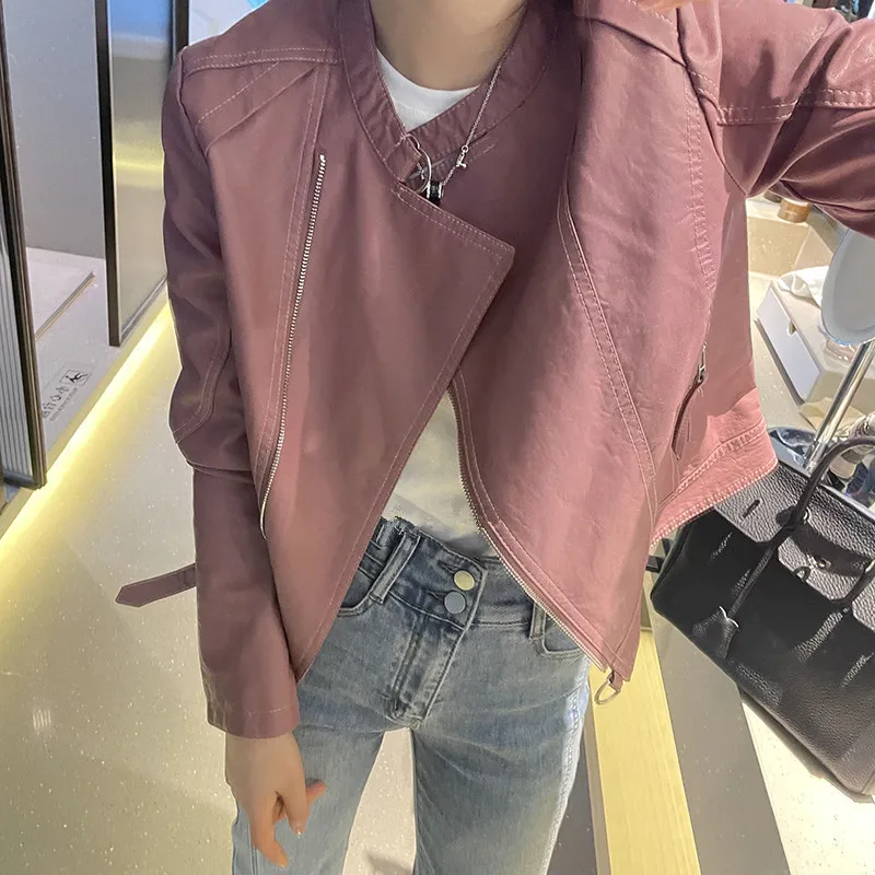 Spring Fall Women Slim Short Pink Faux Leather Jacket Stand Collar Zipper Long Sleeve Washed PU Motorcycle Jacket Female Outwear