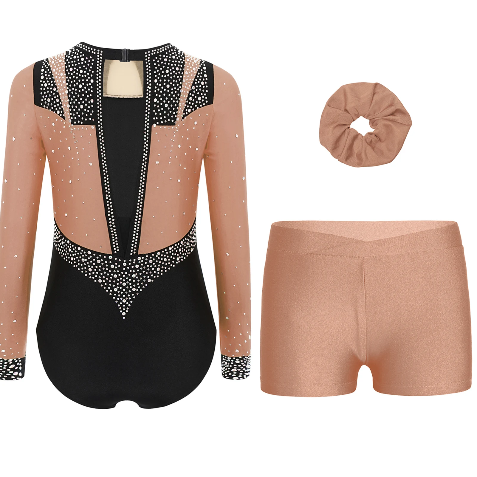 Girls Acrobatic Gymnastics Leotard Ballet Dance Figure Skating Training Performance Costume Rhinestones Jumpsuit with Shorts