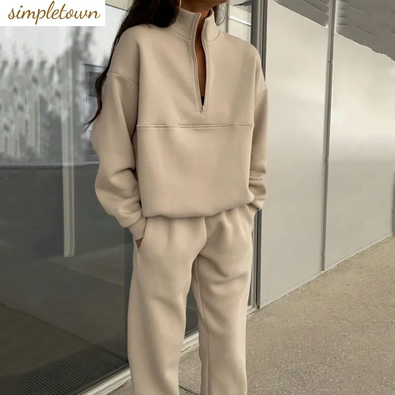 

European and American style autumn and winter new fashion zipper lapel top+casual slim pants two-piece set