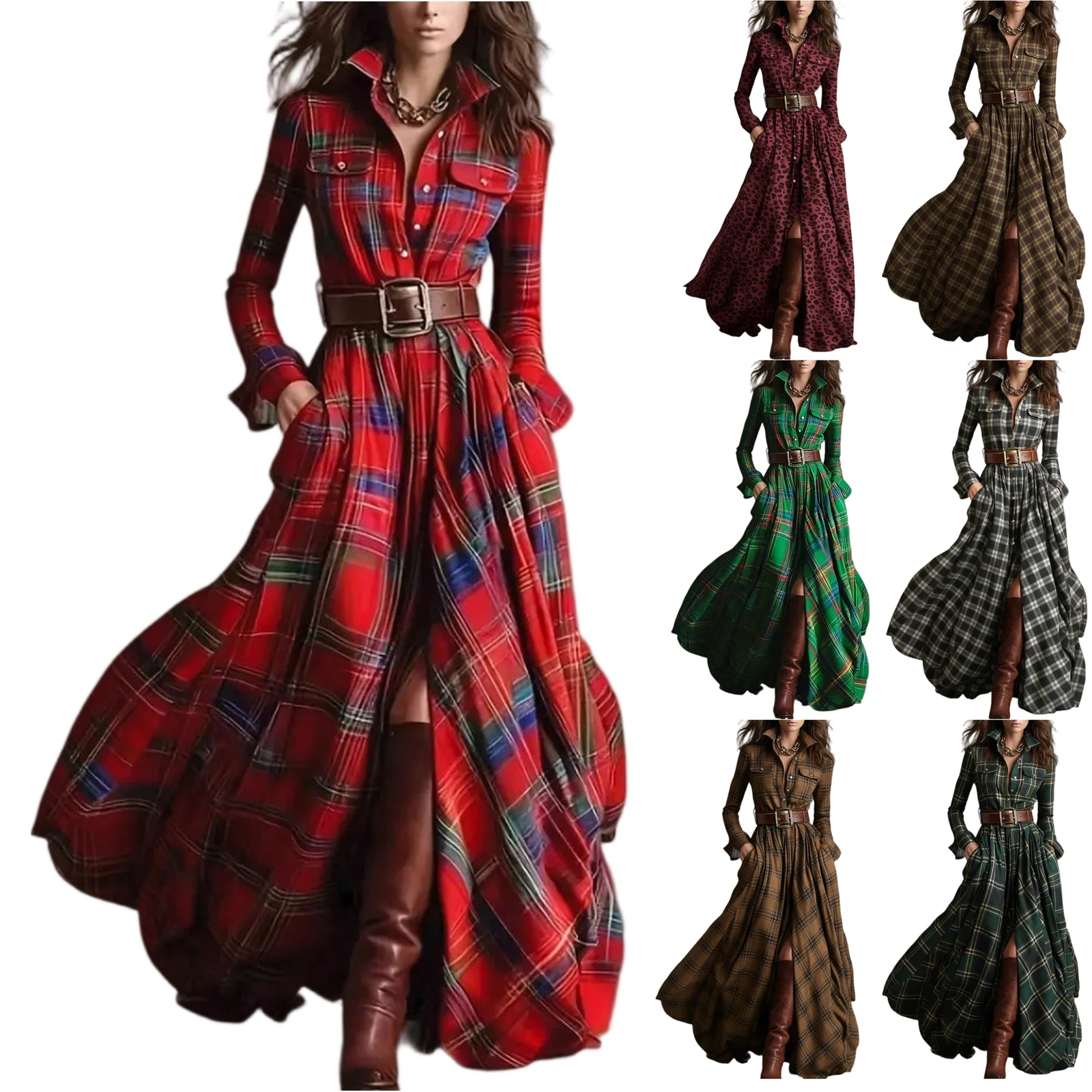 Retro Plaid Irregular Long Women's Dresses Fashion Belt Spring Autumn Long Sleeve Lapel Buttons Shirt Dress For Women Oversized