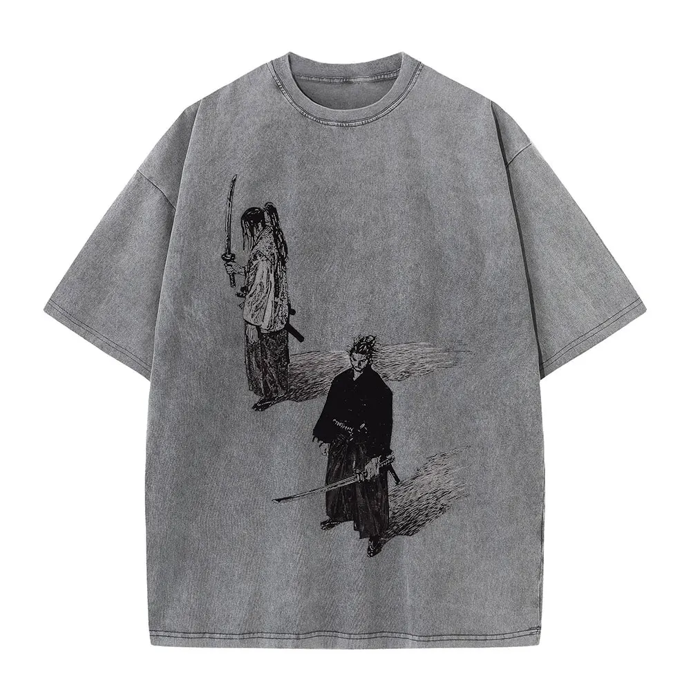Vintage Washed Vagabond Musashi Miyamoto Manga Scene Graphic Tee Unisex Oversized Anime Streetwear Short Sleeve T‑Shirt