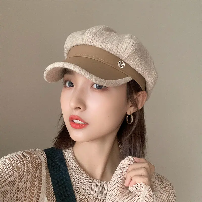 Brown Pu Leather Beret Girl Autumn and Winter Korean Style Trendy British Retro Letter Striped Octagonal Newsboy Painter Hat