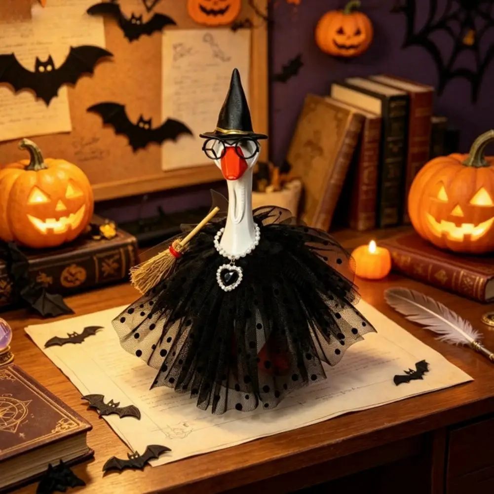 Halloween Witch Costume for Mini Goose Polka Dot Mesh Skirt Wizard Hat Broom Outdoor Garden Party Decor Ornament