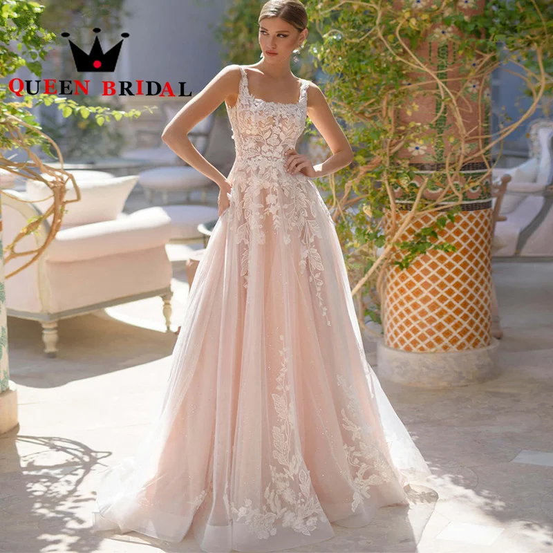 

A Line Elegant Wedding Dresses Appliques Lace Sequined Square Collar Sleeveless Bride Gowns Robe De Mariée Custom Y82X