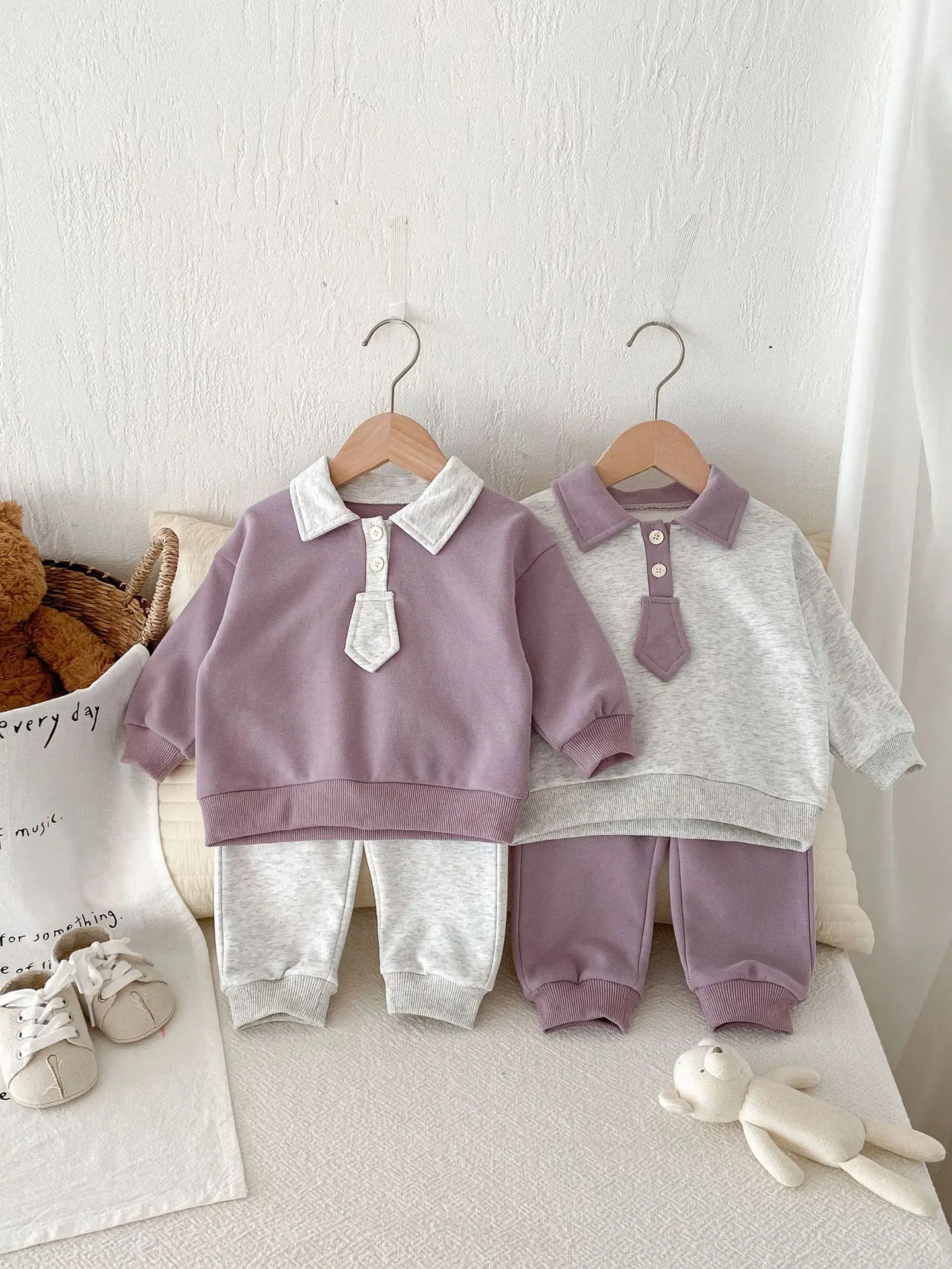 Boys Girls Cute Lapel Sweatshirt + Pants 2pcs Suit Infant Casual Patchwork Outfits 2025 Spring New Baby Long Sleeve Clothes Set
