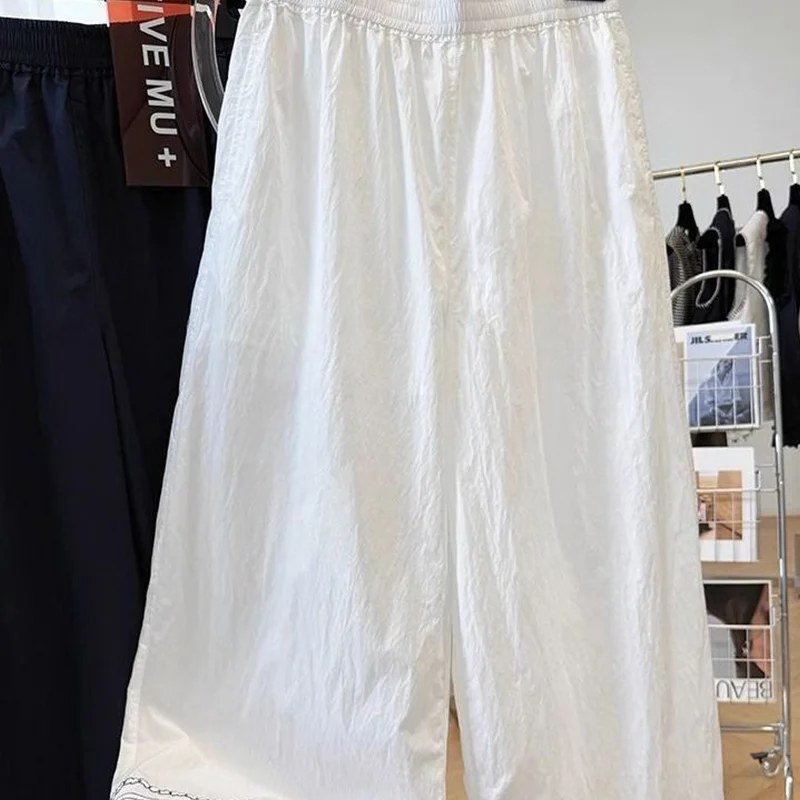 Oversized Women Clothing Casual All-match Embroidered Solid Color Elastic Waist Wide Leg Pants Ladies Simplicity Loose Trousers