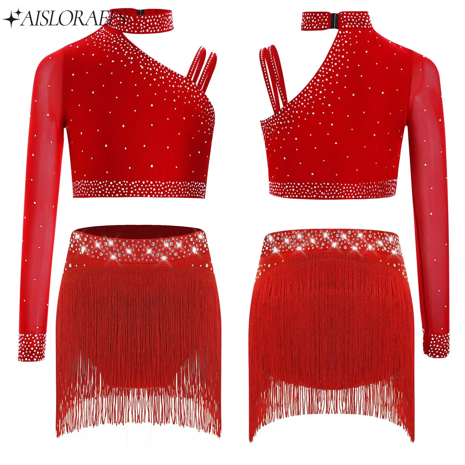 

Girls 2Pcs Lyrical Dance Sets Modern Contemporary Performance Costume Rhinestones Crop Top+Skirts Set Teen Skating Dance Clothes