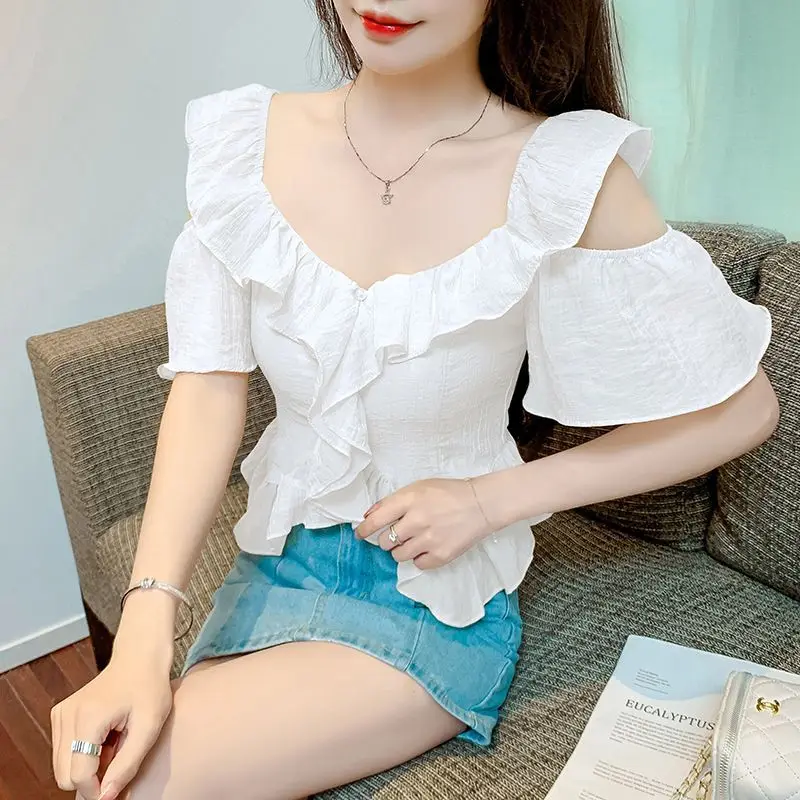 Women's 2024 Summer New V-Neck Spliced Button Fashion Solid Color Slim Minimalist Comfortable Casual Short Sleeve Blouses Shirts