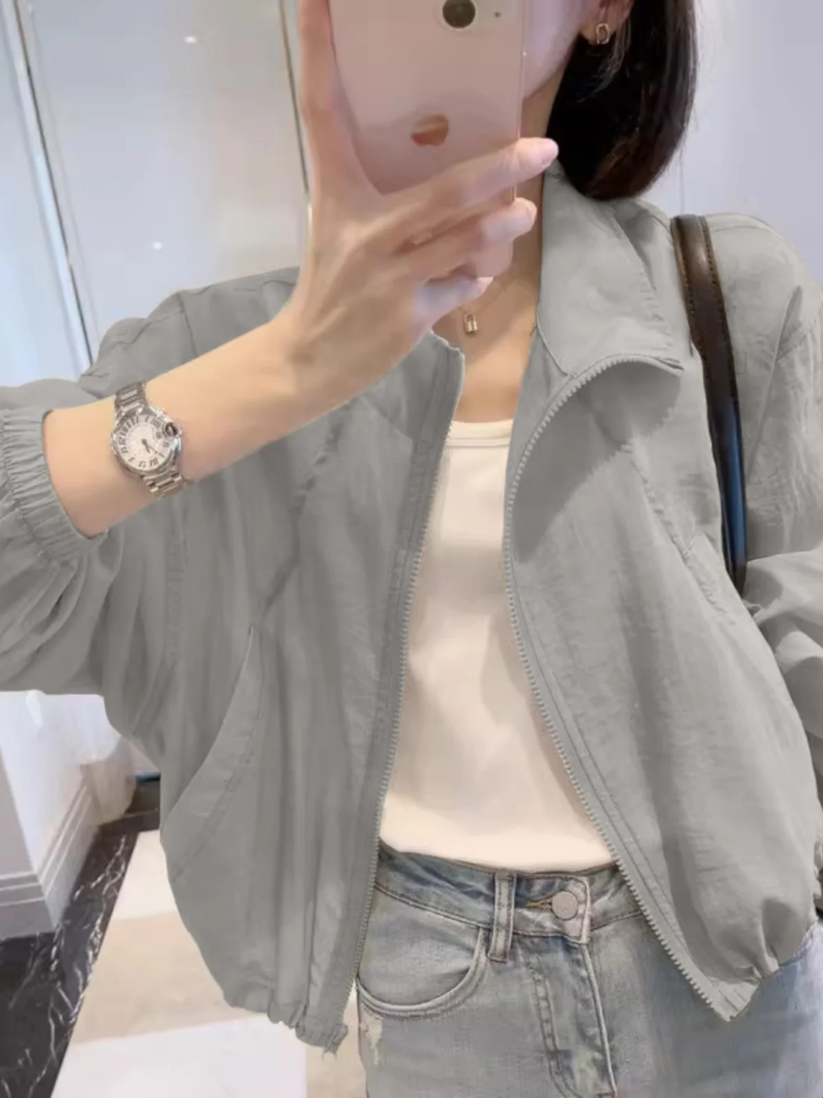 

Женская летняя куртка из ледяного шелка с защитой от УФ-излучения, дышащая, легкая, модная, приталенная, с длинным рукавом и воротником-стойкой