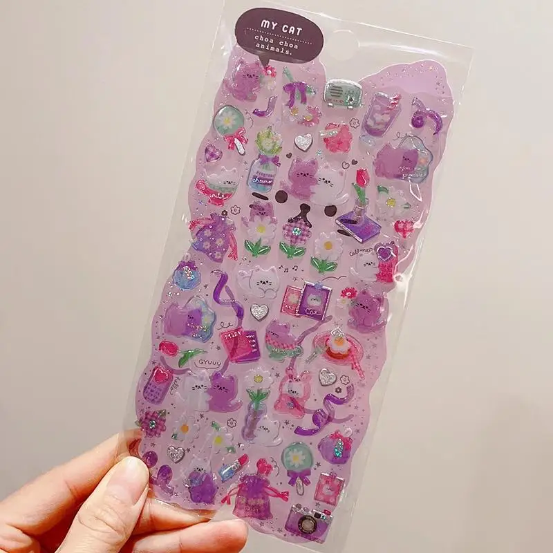 Kawaii Glittering Puppy Rabbit Bear Cat 3D Stickers Scrapbooking Diy Journal Cute Sticker Sheet Stationery Decor Aesthetic Gift