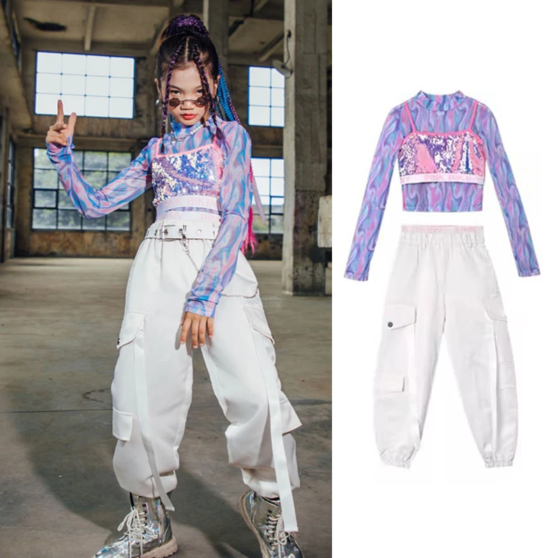 

Sequins Hip Hop Clothes Girls Kpop Outfit Festival Clothing Tie-Dye Tops White Cargo Pants Kids Street Dance Costume DL9254