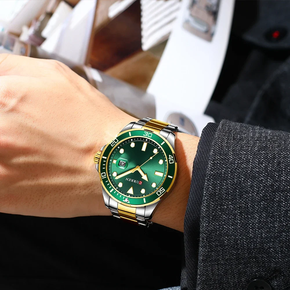 CURREN 8388 Green Water Ghost Series Quartz Men Watches High-end Luxury Sapphire Glass Stainless Steel Watch Men