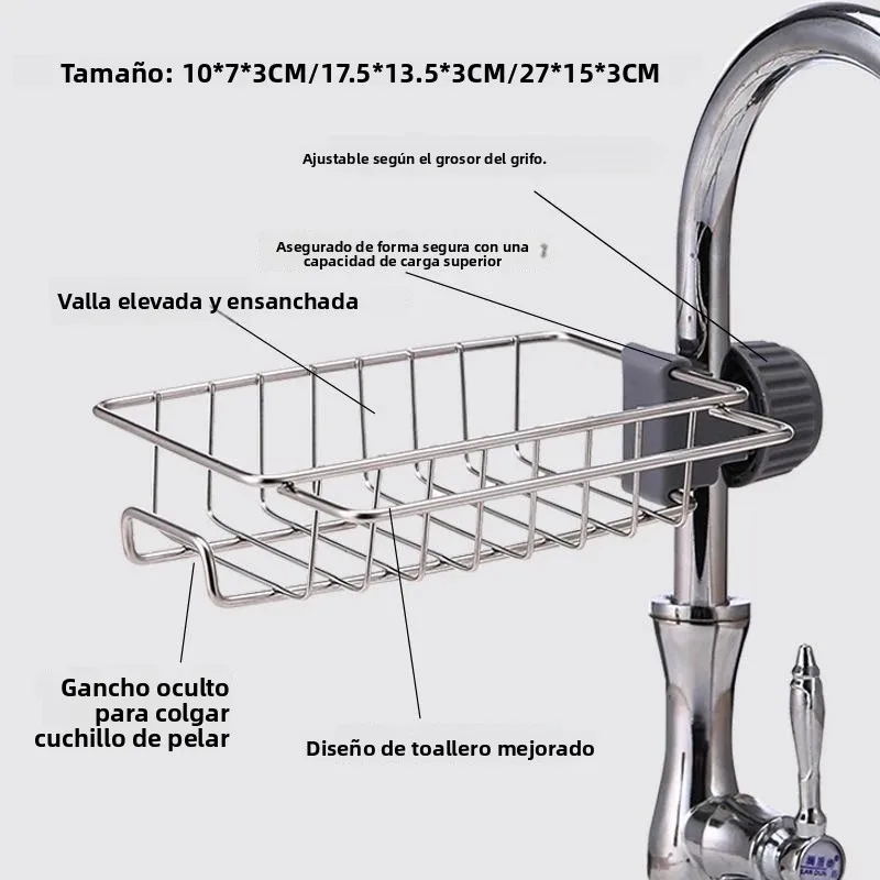 Stainless Steel Faucet Sink Caddy, Adjustable Sponge Holder Drain Rack, Over Tap Kitchen Organizer For Soap Brush Dishcloth