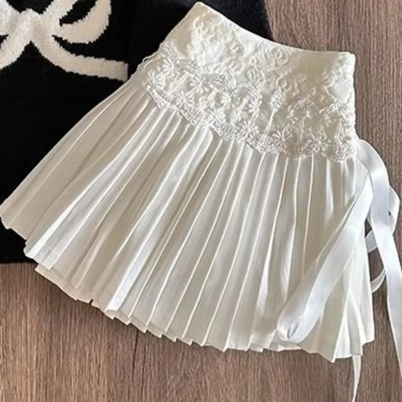 Women's Summer Cake Skirt Fashion High Waist Lace Splicing A-line Pleated Skirt mini 2025 Casual Trendy Clothes Y2k