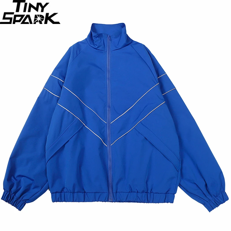 Men Hip Hop Streetwear Reflective Striped Jacket Coat Zipper Up Jacket Windbreaker Harajuku Thin Jacket Sports Black Blue