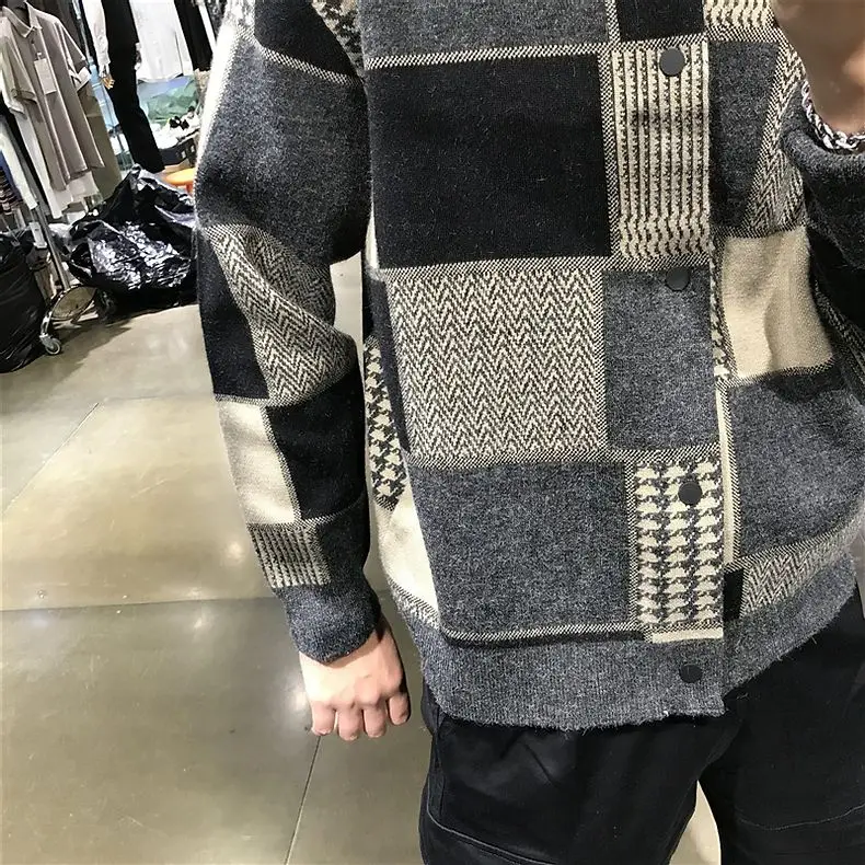 Herbst und Winter neue Herren japanische trend ige schöne Baseball kragen karierte Strickjacke lässig vielseitige Pullover Mantel