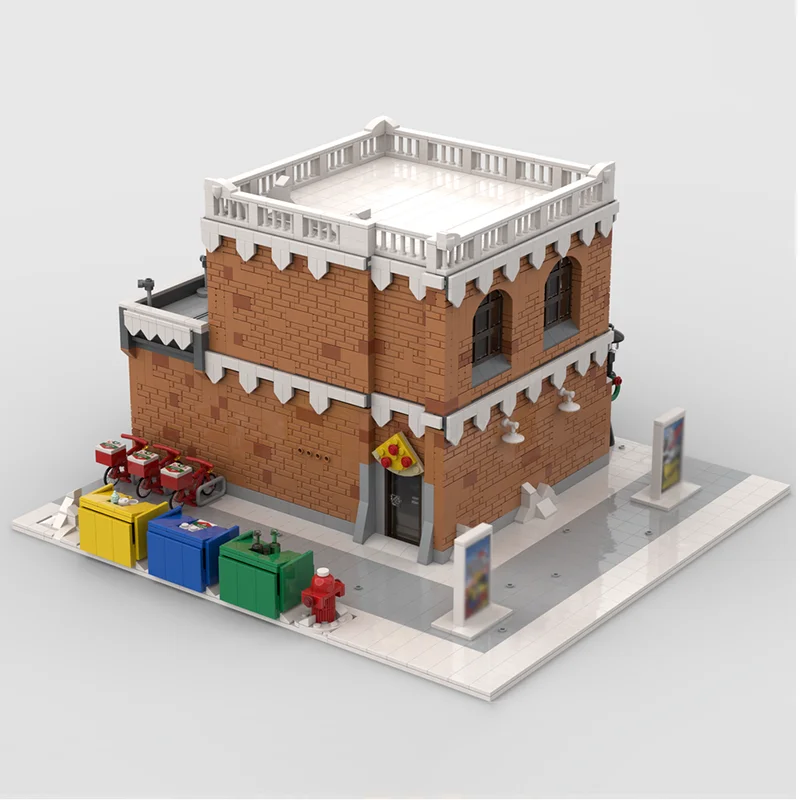 ตัวต่อ Moc Building Bricks ชุดหมู่บ้านฤดูหนาว - ร้านพิซซ่าและศิลปะ ชุดตัวต่อโมเดลเทคโนโลยีเมือง วิวถนนเมือง ของเล่นตัวต่อ
