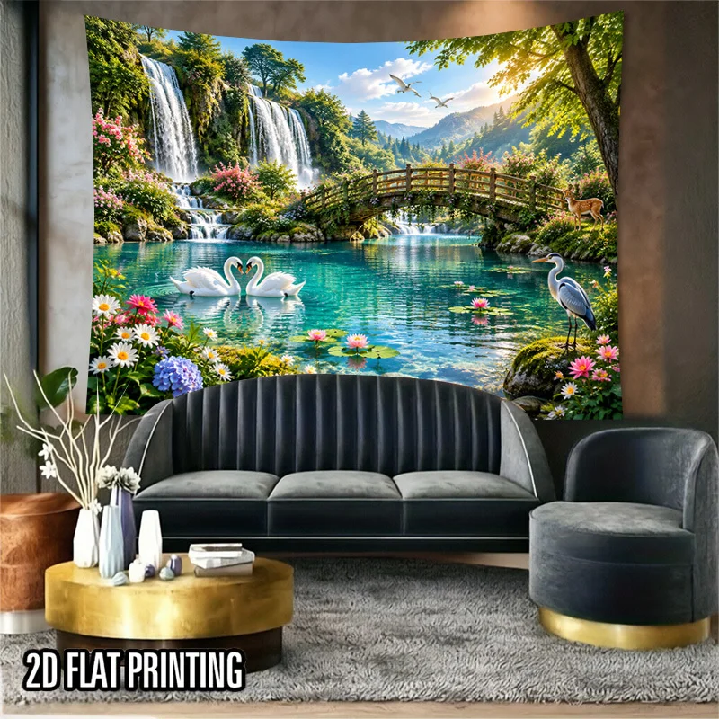 Scenic Swan Tapestry, White Swans Waterfall Lake Wooden Bridge Bright Wildflowers Mountain Wall Hanging Home Party Room Ornament