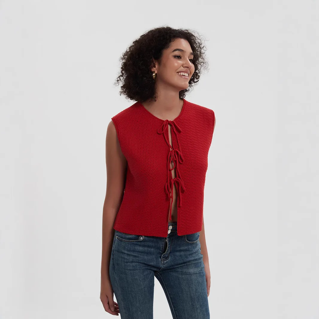 

Faionable Knitted Vest Women's Sle Pure Color Versatile Svel Top with Belt Summer Thi Polyester Casual Top