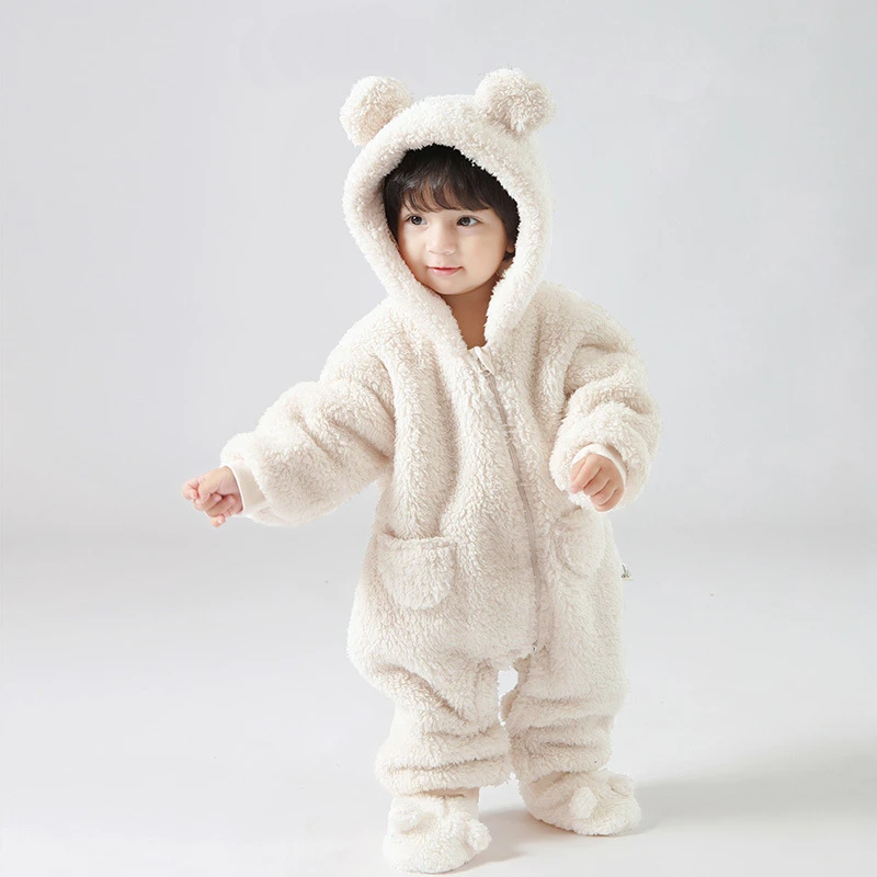 Autumn Winter Fluffy Warm Baby Jumpsuit Cute Bear Ear Hooded Thicken Infant Toddler Outerwear Fleece Onepieces Outfit