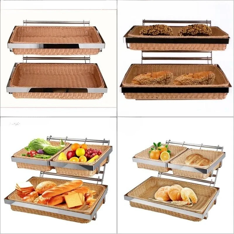 Wholesale Restaurant Supplies 2-Layer Rattan Wicker Bread Basket Buffet Food Display Stand Bread Basket For Sale