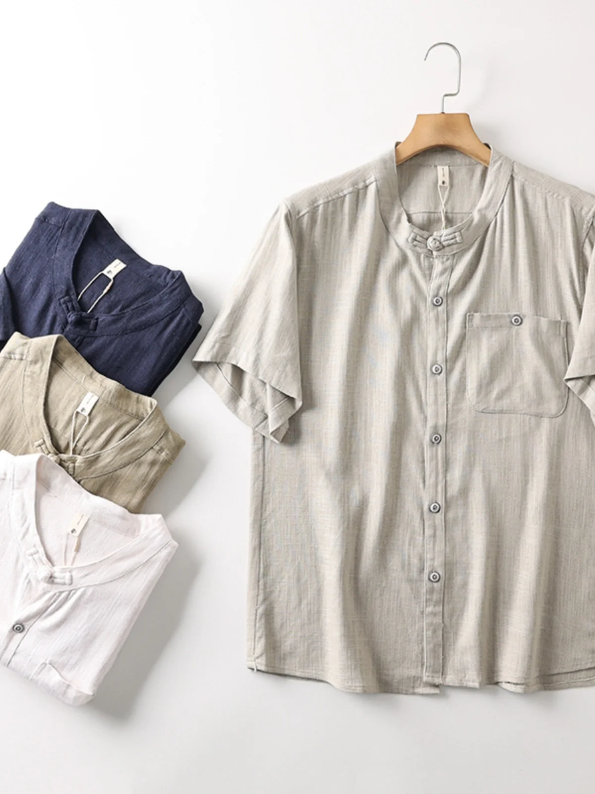 

Retro Chinese Sle! Enzyme Waed Cotton Linen! Moisture ng Breathable! Summer Men's round Ne Casual ort Sve i...