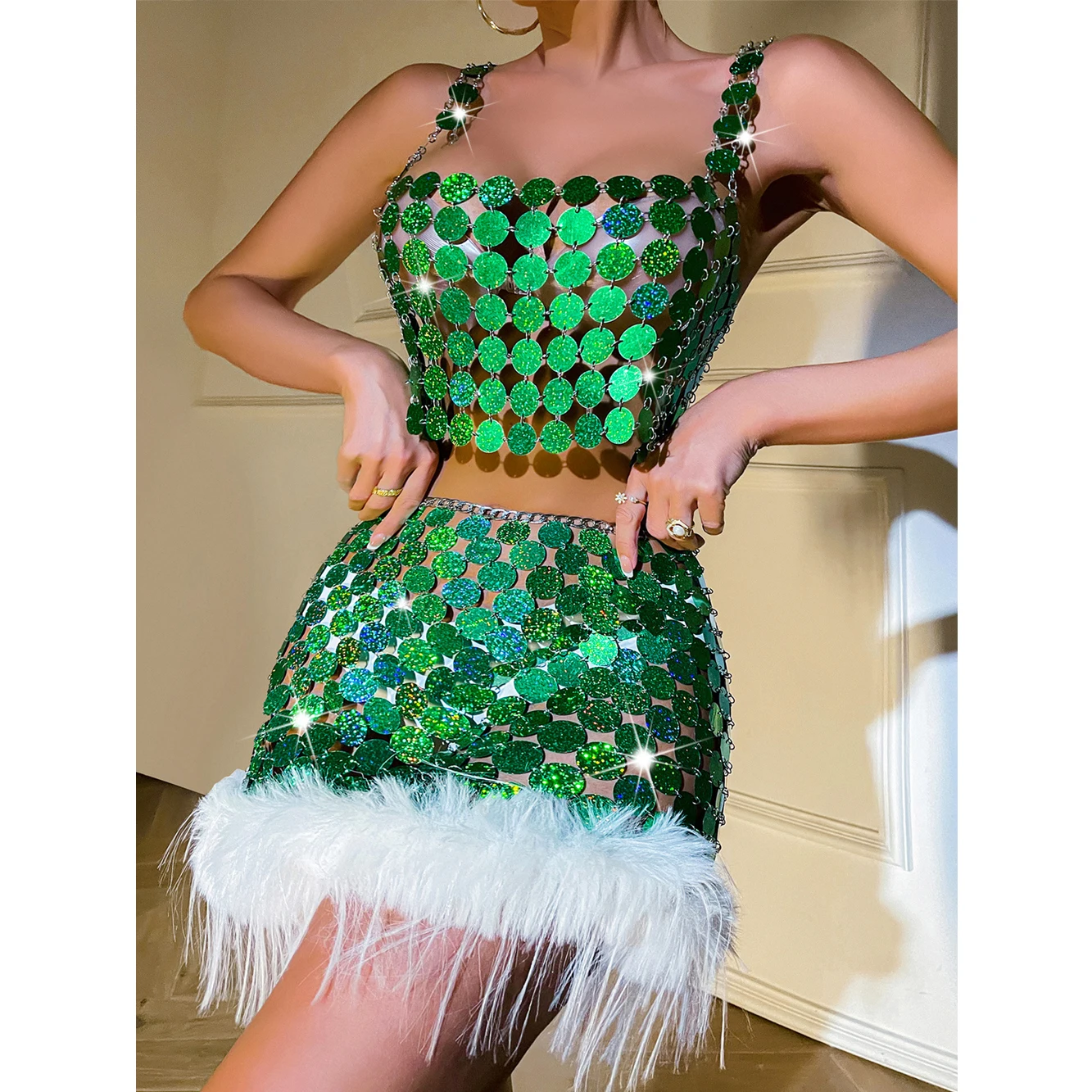 Sequin 2 Piece Skirt Sets Feather Dress 2023 Fall Sexy Party Club Fashion Elegant Evening Crop Tops Two Piece Set Outfit