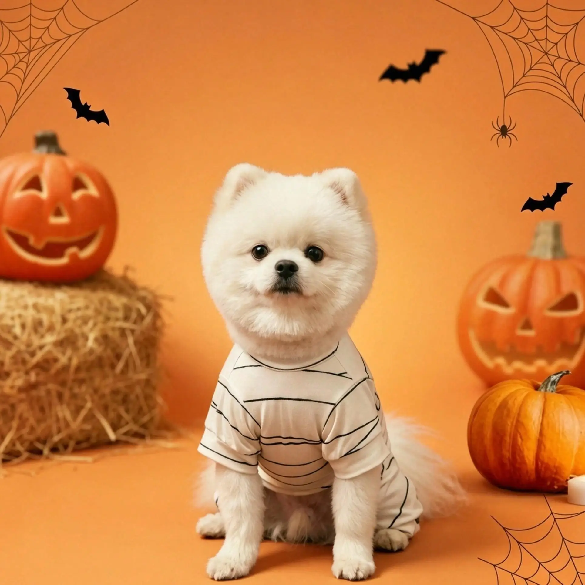 Halloween Mumien-Bandage Gestreifter Hunde-Vierbeiner-Overall mit Spähenden Mumienaugen und Handabdruck Haustier-Pyjama-Outfit für Kleine und Mittelgroße Hunde und Katzen – Detail 5
