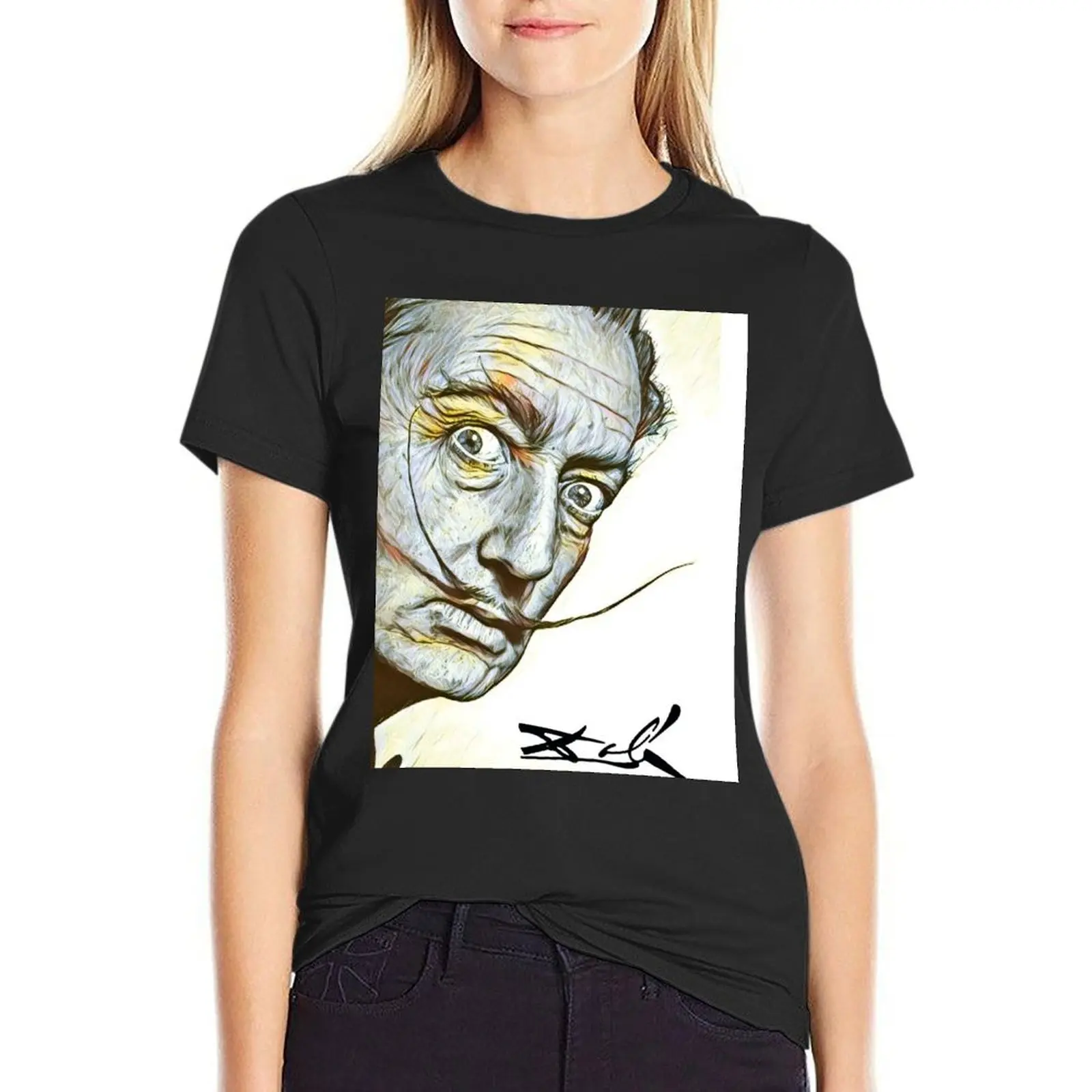 Salvador Dali - Portrait - Weird Look - Yellow and Blue Graphic T-Shirt quick-drying heavyweights clothes for woman