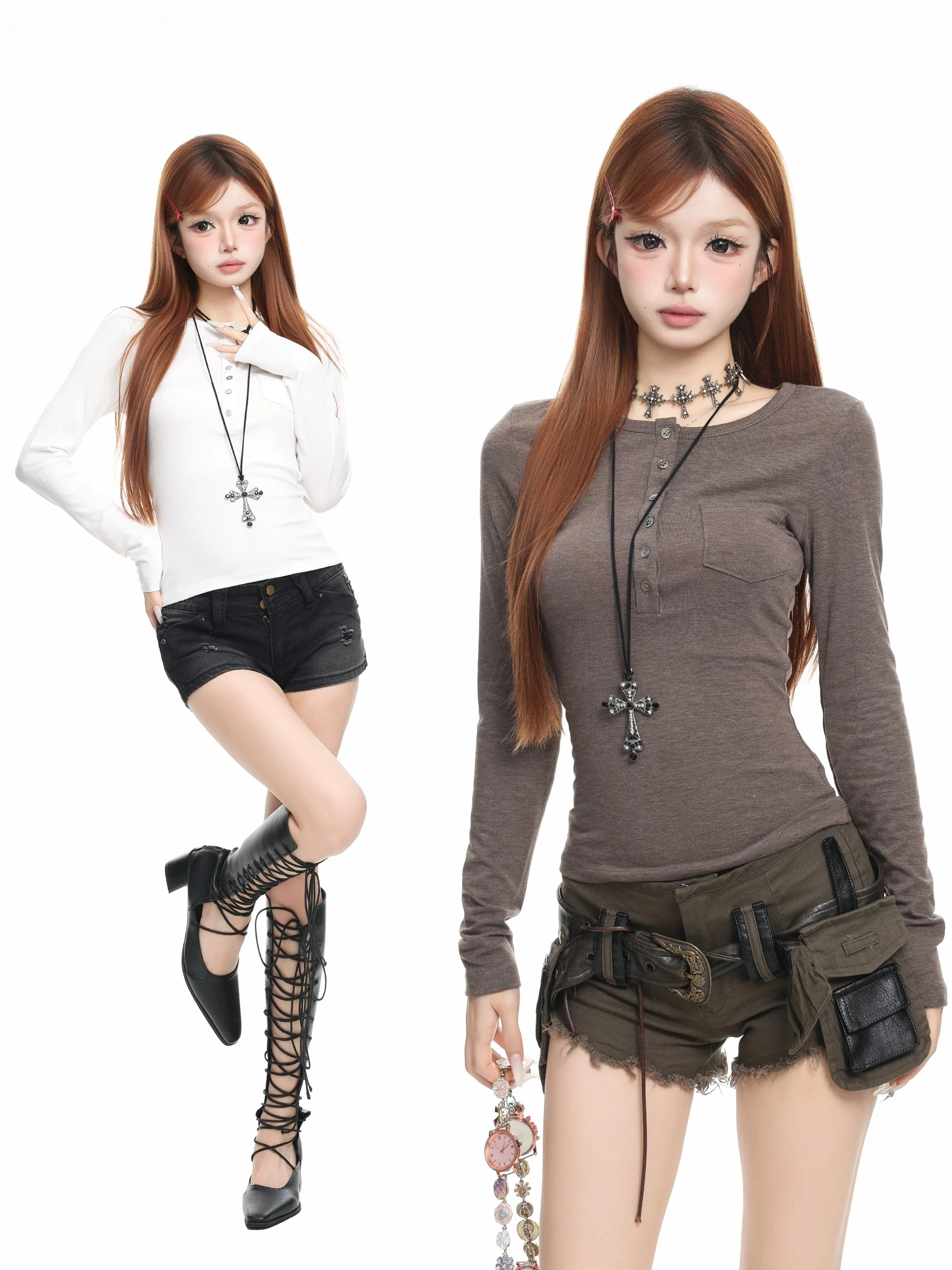 Slim Fit Long Sleeve T-Shirt Women's Style BASTERDS American Hot Girl Short Inner Wear Base Shirt Top for Autumn Season