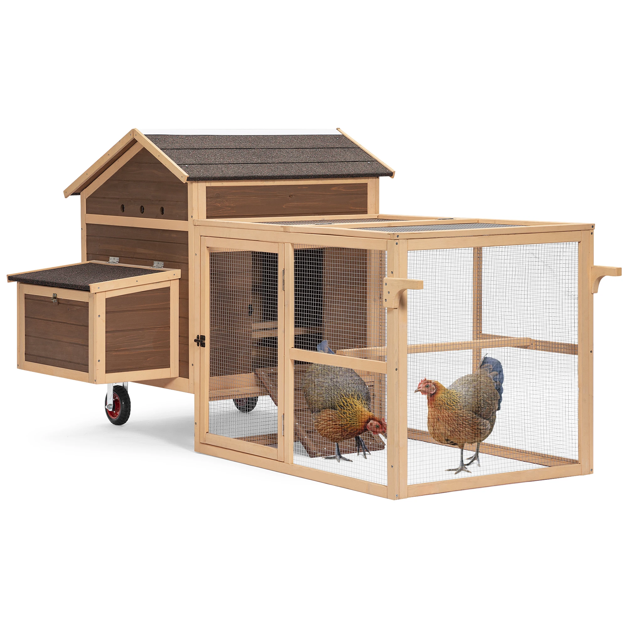 Chicken Coop with Wheels and handrails,Weatherproof Outdoor Chicken Coop with Nesting Box, Outdoor Hen House with Removable Bott