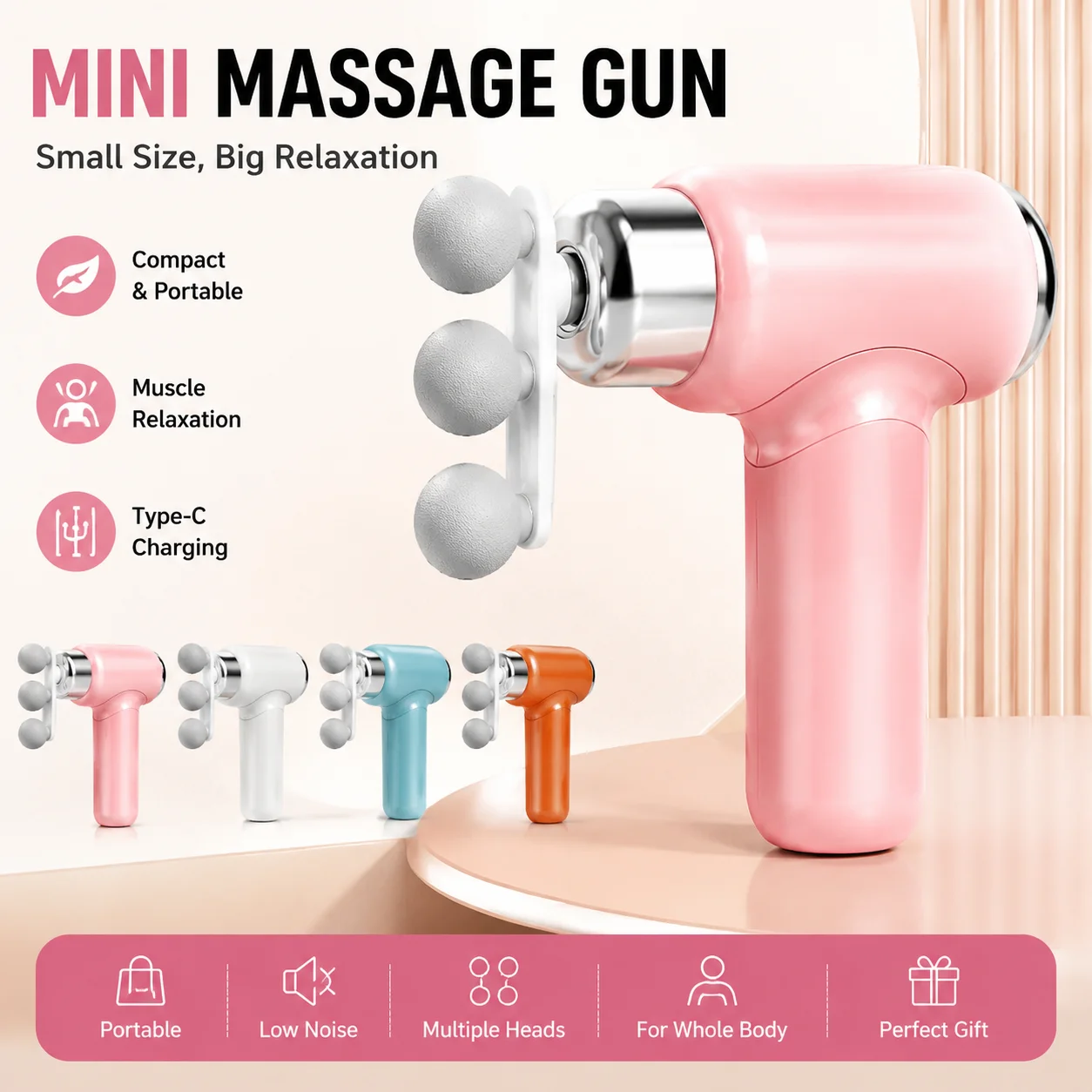 Mini Massage Gun Portable Muscle Recovery Device Electric Body Massager Fitness Relaxation Tool Type C Rechargeable
