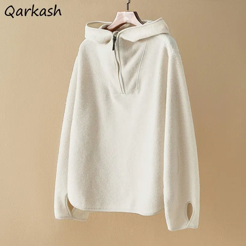 

Half Zipper Hoodies Women Spring Autumn Loose Solid Patchwork Casual Long Sleeve Hooded Clothing Simple Korean Style Basic Chic