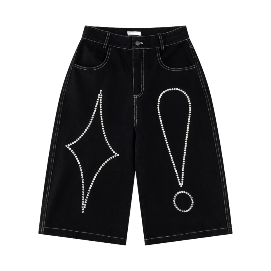 

Hip Hop Rhinestone Jeans Short Men Streetwear Punk Y2k Denim Shorts Men Harajuku Vintage Baggy Calf Length Pants Unisex