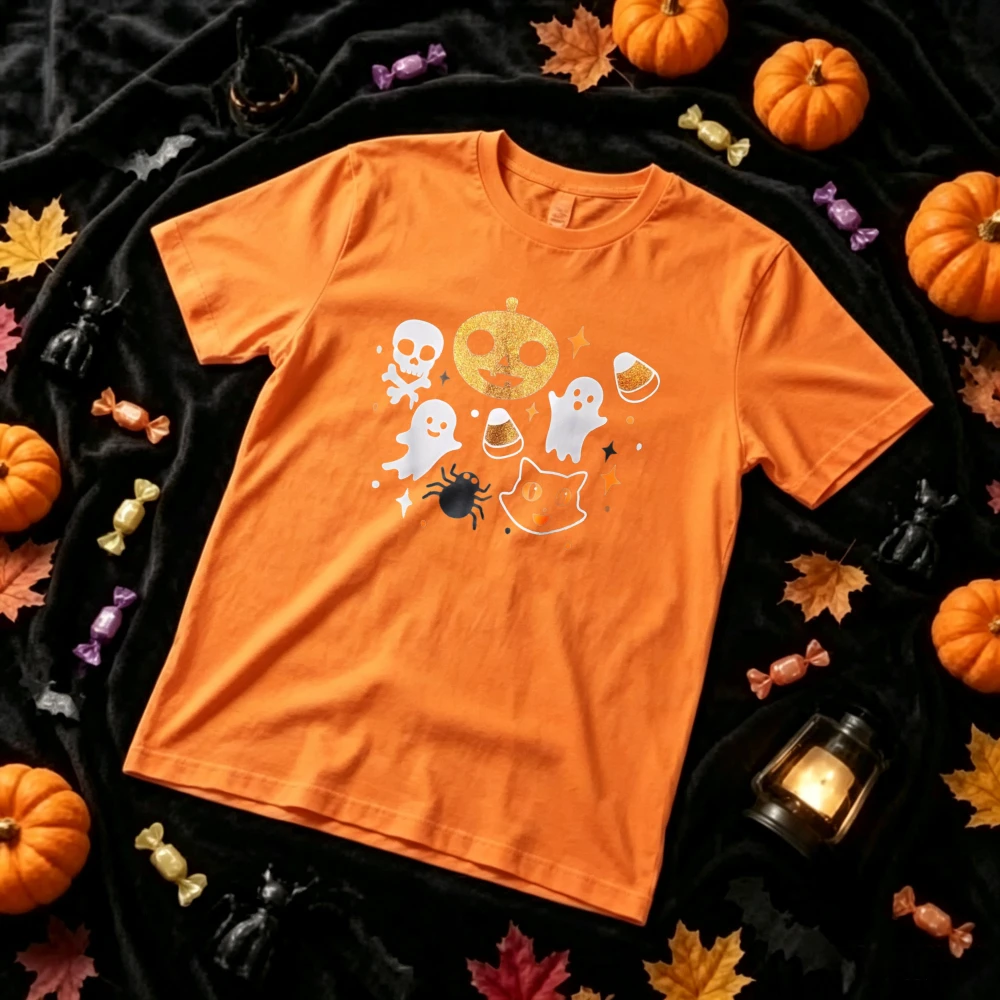 Halloween Mixed Spooky Icons Graphic T‑Shirt Pumpkin Ghost Skull Crossbones Black Cat Spider Candy Corn Star Cute Spooky Tops