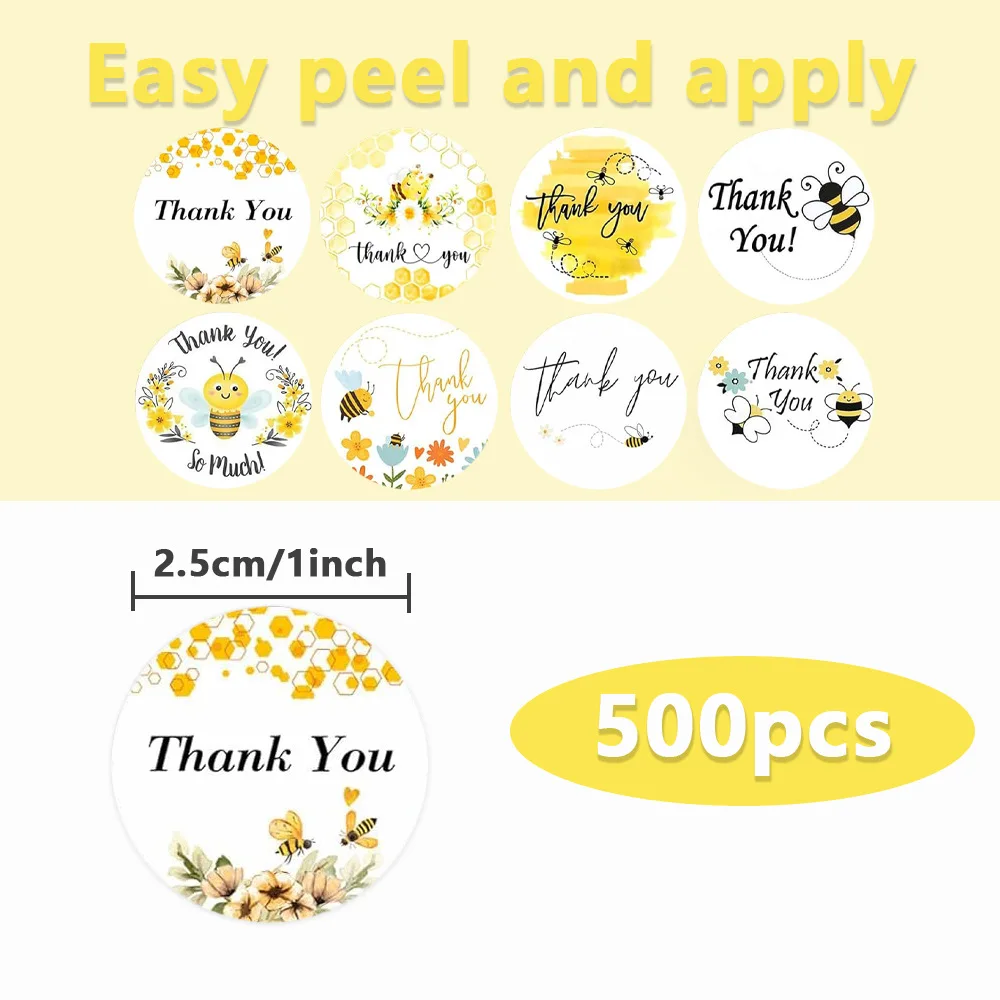 100-1000Pcs Cute Bee Thank You Stickers Roll, 8 Designs Round Floral Honeybee Sealing Stickers for Gift Package Small Shop