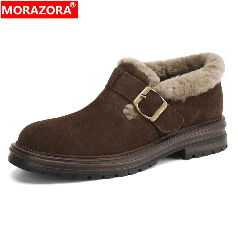 

MORAZORA/большие размеры 34–43, женские лоферы из коровьей замши, зимняя обувь без шнуровки с пряжкой, женская винтажная модельная обувь на среднем каблуке