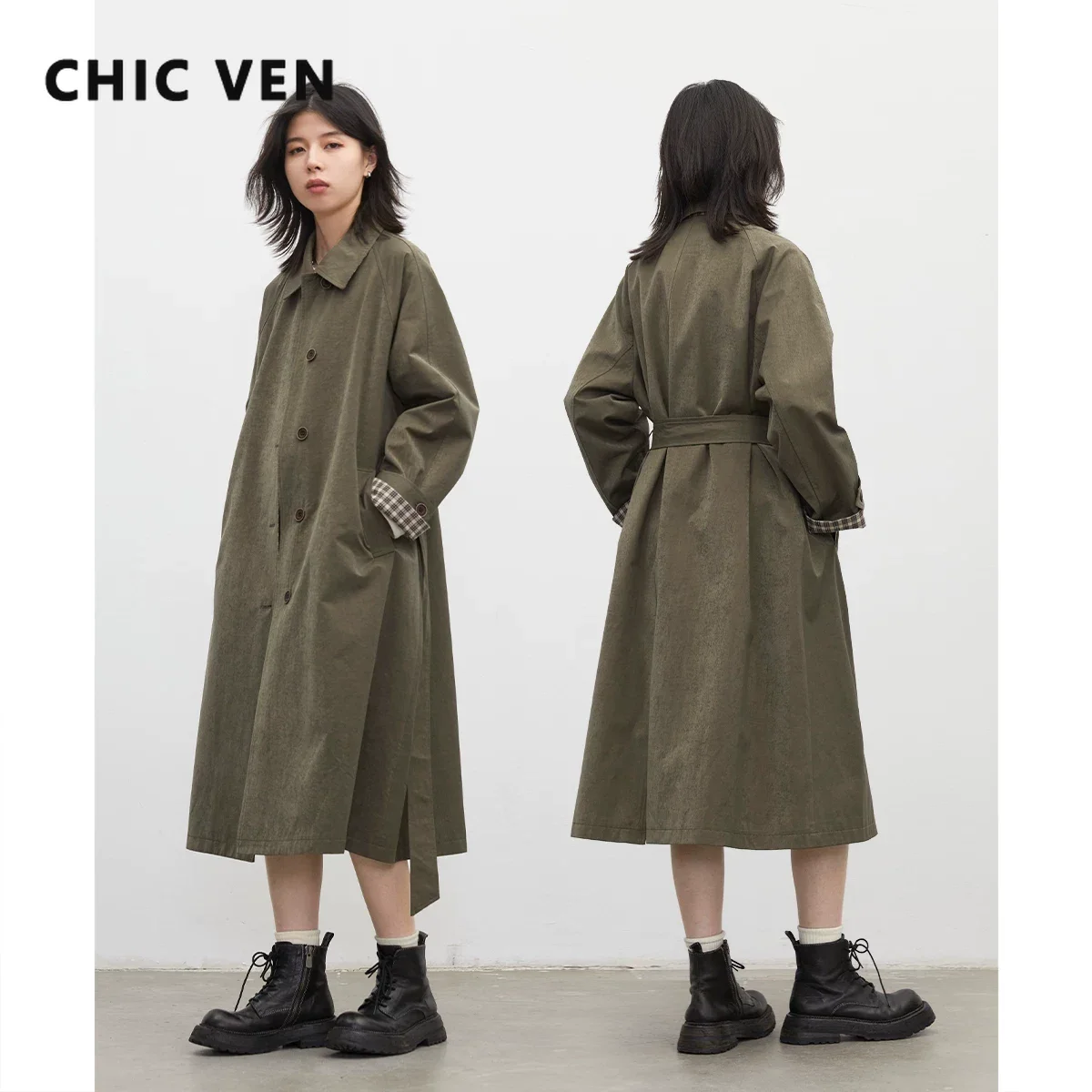 CHIC VEN New Women Long Trench Coat Belt Single-breasted Loose Casual Vintage Female Overcoat Plaid Cuffs Spring Autumn 2026