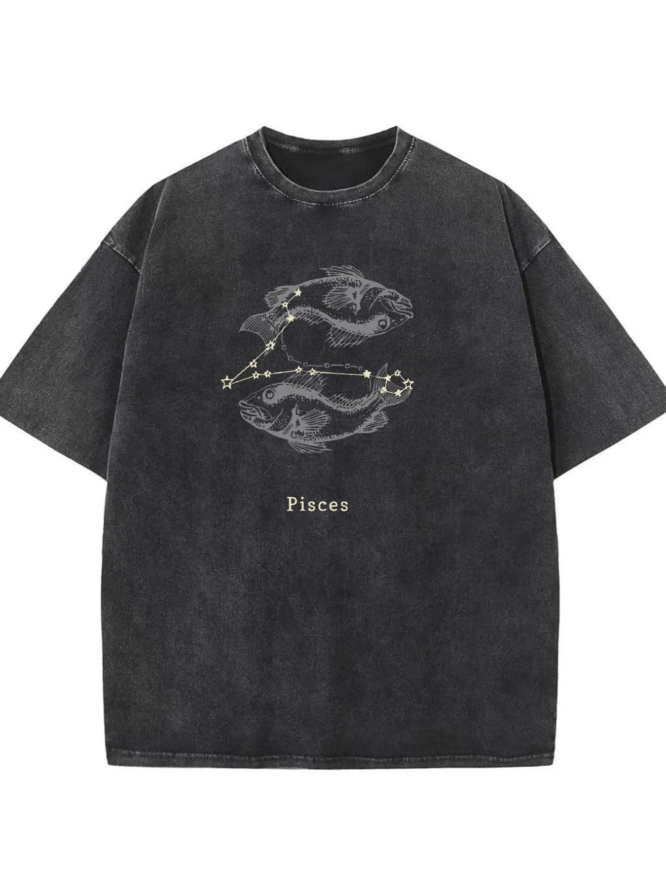 Men's Retro Pisces Zodiac Print T-Shirt - Washed Soft Fabric, Loose Round Neck Design, Gold Star Pattern on Black Background, Breathable All-Season Casual Style, Machine Washable, Comfortable for Everyday Wear, Loose Fit, Non-Transparent Fabric
