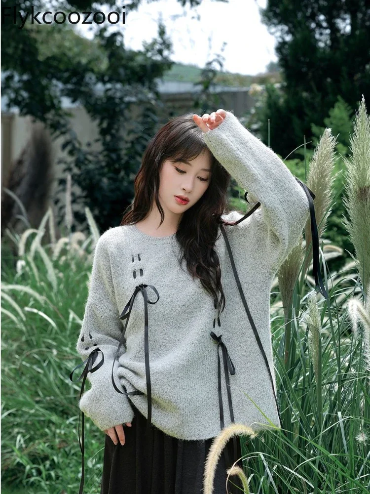 Sweet Lace-up Niche Design Knitwear 2024 Fall New Thick Slouchy Loose Pullover Blusa Inverno Feminina Sweater Mujer