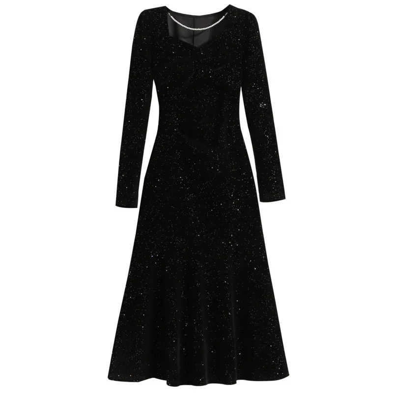 Autumn Winter French Vintage Hepburn Velvet Maxi Dresses Office Ladies Elegant Fragrance Slim Mermaid Dresses Vestidos De Fiesta