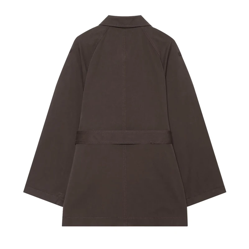 Women Lapel Short Trench Coat Epaulet Design Single Breasted With Waist Belt Pockets Solid Color Casual Office Windbreaker Outer
