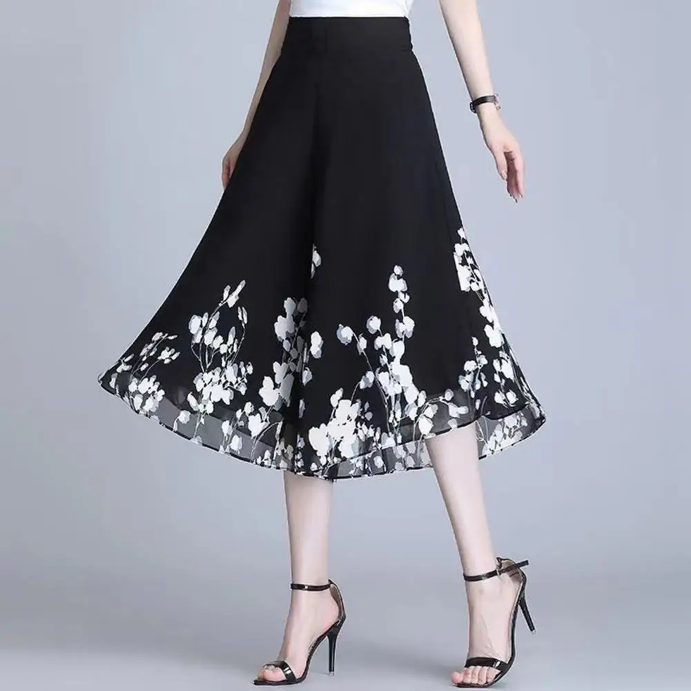 

Women Skirt Pants Flower Print Chiffon Culottes for Women High Waist Wide Leg Skirt Pants Loose Fit Trousers with Elastic