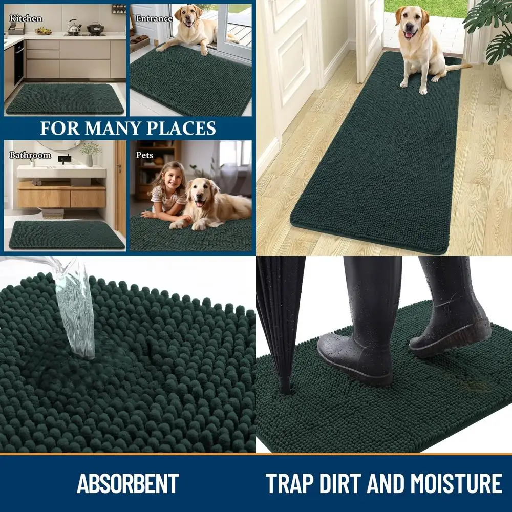 

Коврик для прихожей Muddy Paws Solution: 70x24, впитывающий, нескользящий, моющийся, быстросохнущий, из шенилла, черно-зеленый