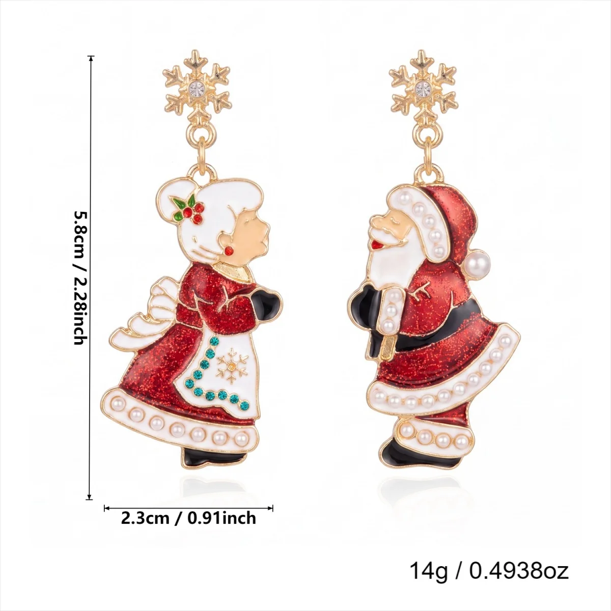 Weihnachtliche Emaille-Ohrringe mit Weihnachtsmann, älterer Dame, asymmetrischem Design, für Damen, mit Motiven von Rentier, Schneeflocke, Lebkuchenmann und Süßigkeiten, Schmuck. – Detail 3