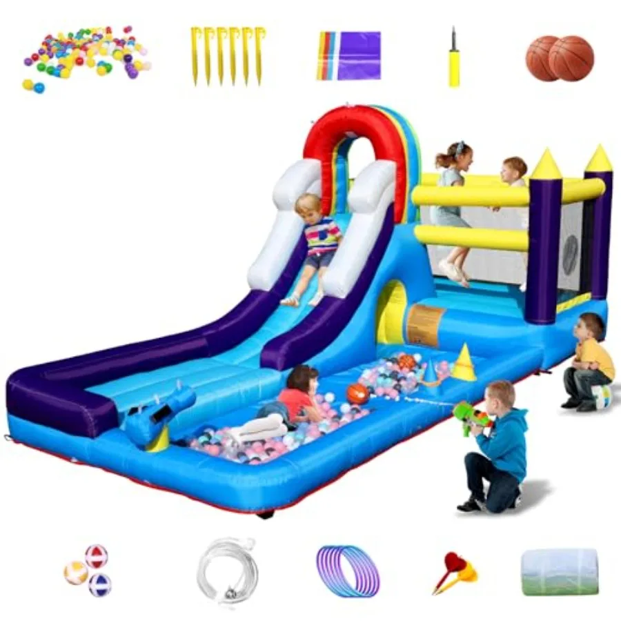 

16FT Inflatable Bounce House Water Slide with Blower for Blue Inflatable Bounce Castle with Slide Climbing Wall Obstacles Tramp
