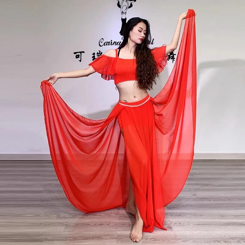 Trajes de danza del vientre personalizados, conjunto de traje de práctica, vestido de actuación con doble hendidura, nuevo traje de danza Oriental, falda con vuelo grande de gasa